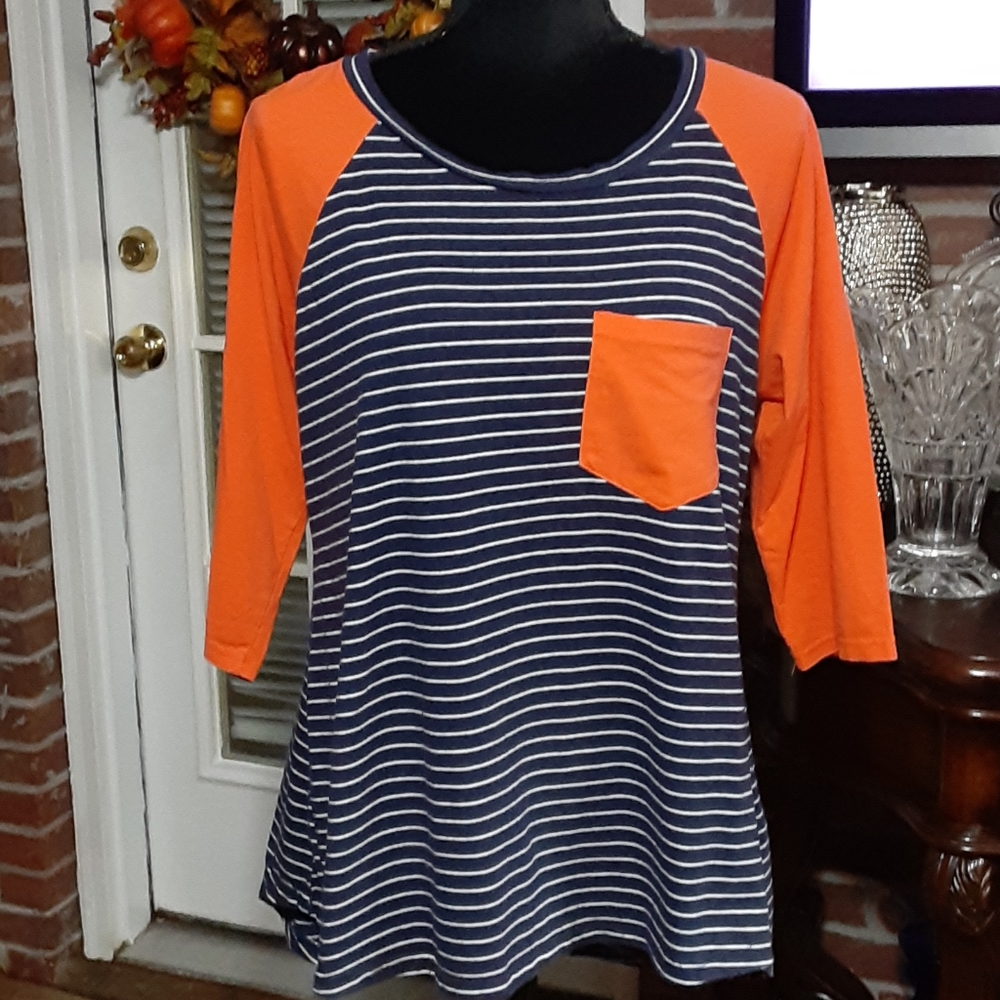 Umgee navy blue and white stripe orange trim tunic pocket Top Size Small…EUC